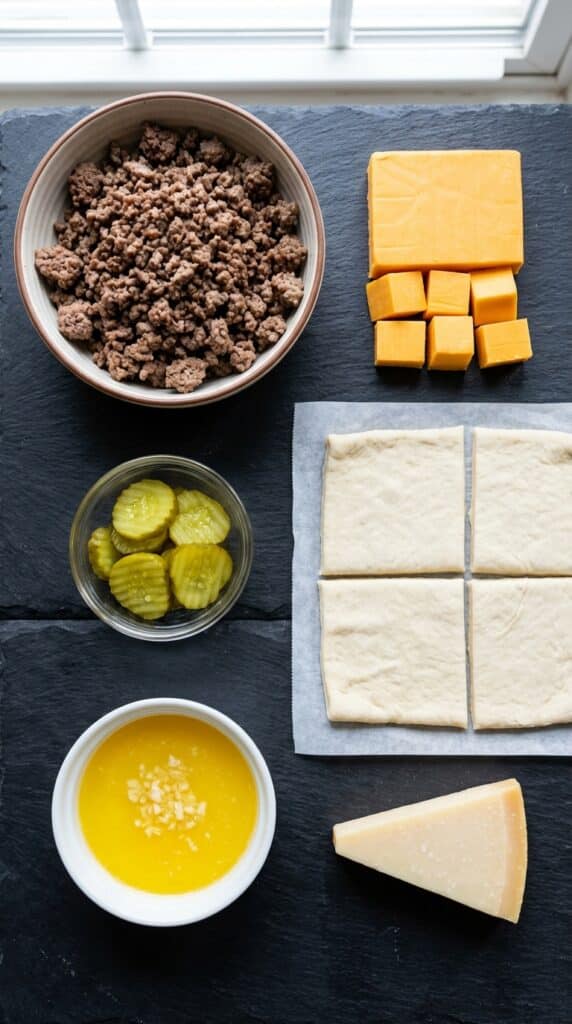 A flat lay showing cooked ground beef, cubed cheddar, sliced pickles, pizza dough, garlic butter, and parmesan on a dark slate board.