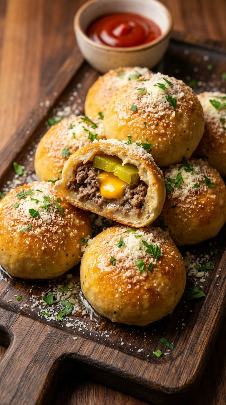 A wooden board piled with golden-brown baked dough balls coated in garlic butter and parmesan, with one cut open to show a cheeseburger filling.