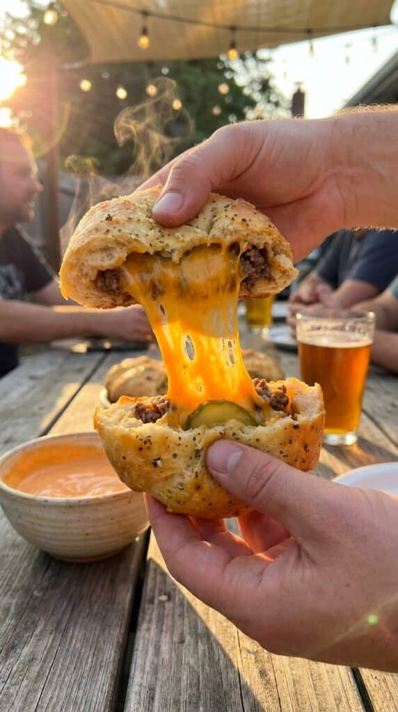 A close-up of hands pulling apart a garlic parmesan dough ball, creating a long, gooey cheddar cheese stretch, revealing ground beef inside.