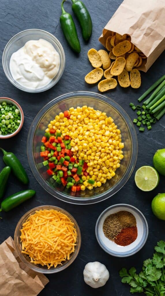 A flat lay showing sweet corn, sour cream, mayonnaise, shredded cheddar cheese, jalapeños, green onions, and corn chips on a dark slate board.