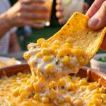 A close-up of a corn chip scooping up a thick portion of creamy corn dip, with a blurred party scene in the background.