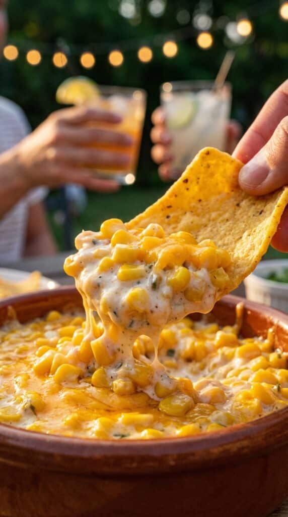 A close-up of a corn chip scooping up a thick portion of creamy corn dip, with a blurred party scene in the background.