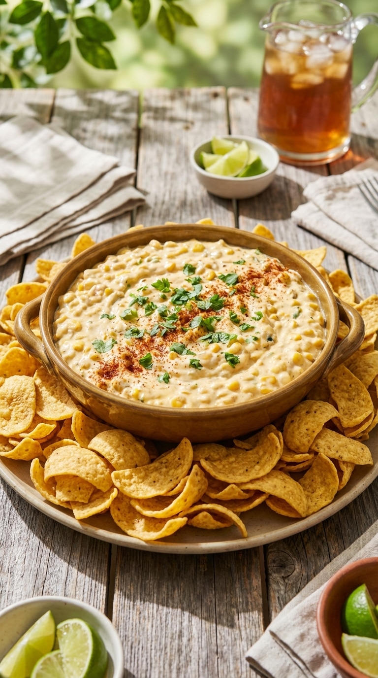 A top-down view of a large ceramic bowl filled with creamy corn dip mixed with cheddar cheese and peppers, surrounded by corn chips on a wooden table.