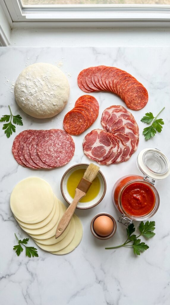 A flat lay showing pizza dough, sliced pepperoni, salami, capicola, provolone cheese, an egg, and marinara sauce on a marble board.