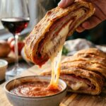 A close-up of a hand dipping a cheesy slice of Stromboli into a bowl of marinara sauce, with a long cheese pull.