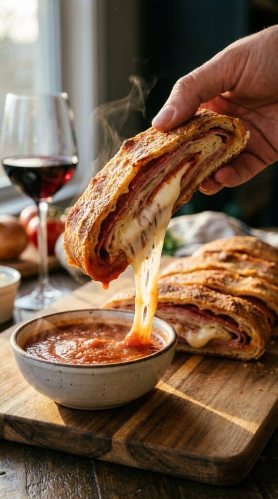 A close-up of a hand dipping a cheesy slice of Stromboli into a bowl of marinara sauce, with a long cheese pull.