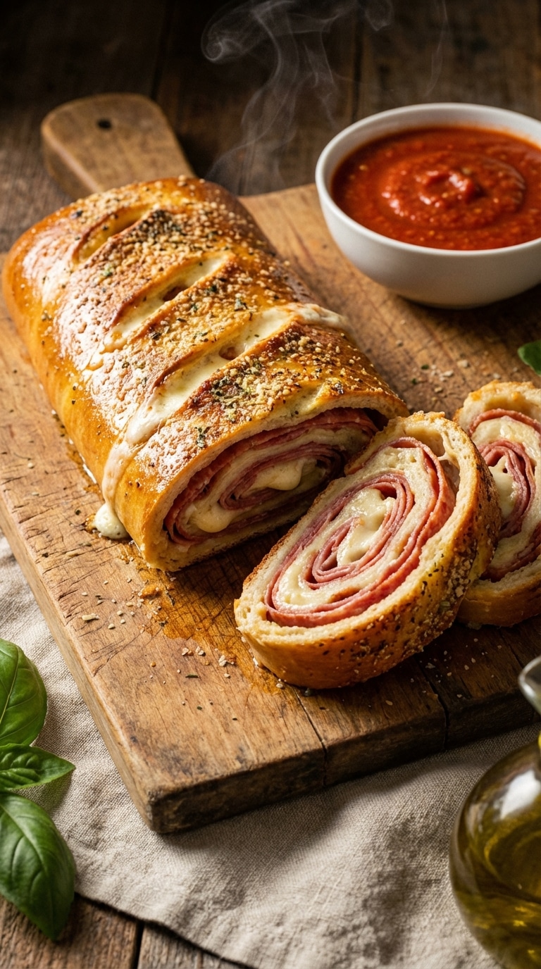 A freshly baked golden Stromboli cut in half on a wooden board, showing spirals of meat and cheese inside, with marinara sauce nearby.