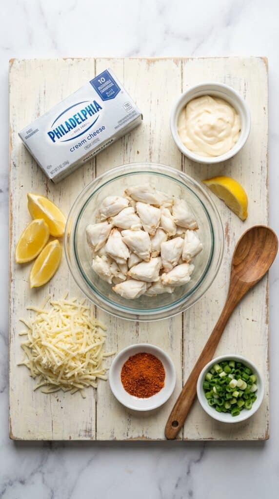 A flat lay showing lump crab meat, cream cheese, lemon, shredded cheese, green onions, and seafood seasoning on a white wooden board.