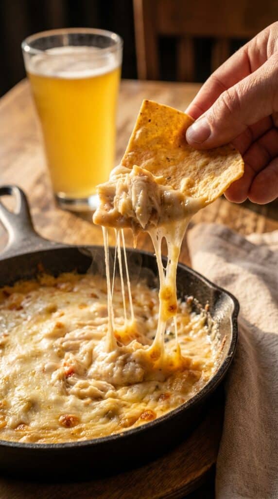 A close-up of a tortilla chip scooping up a thick, cheesy bite of hot crab dip with a cheese pull.