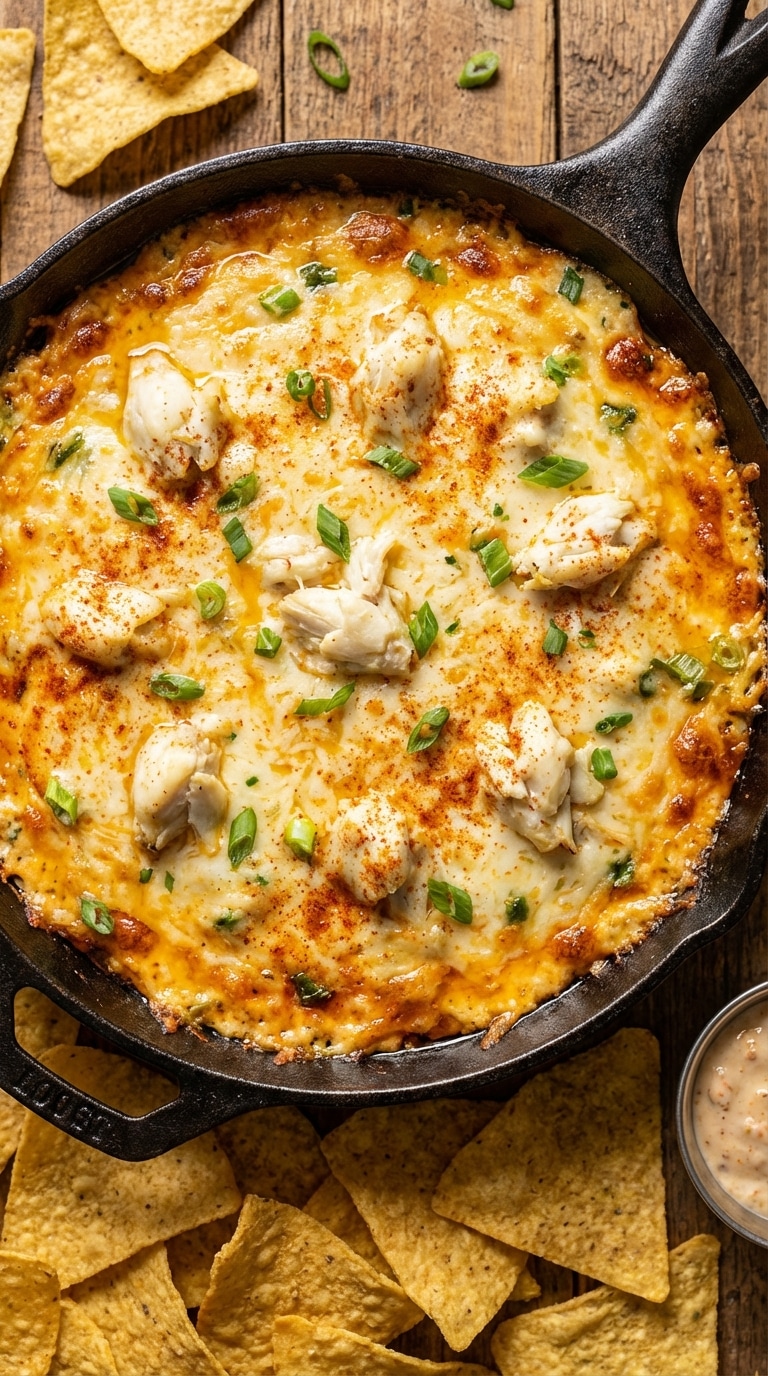 A top-down view of a cast-iron skillet filled with hot, cheesy baked crab dip surrounded by tortilla chips.