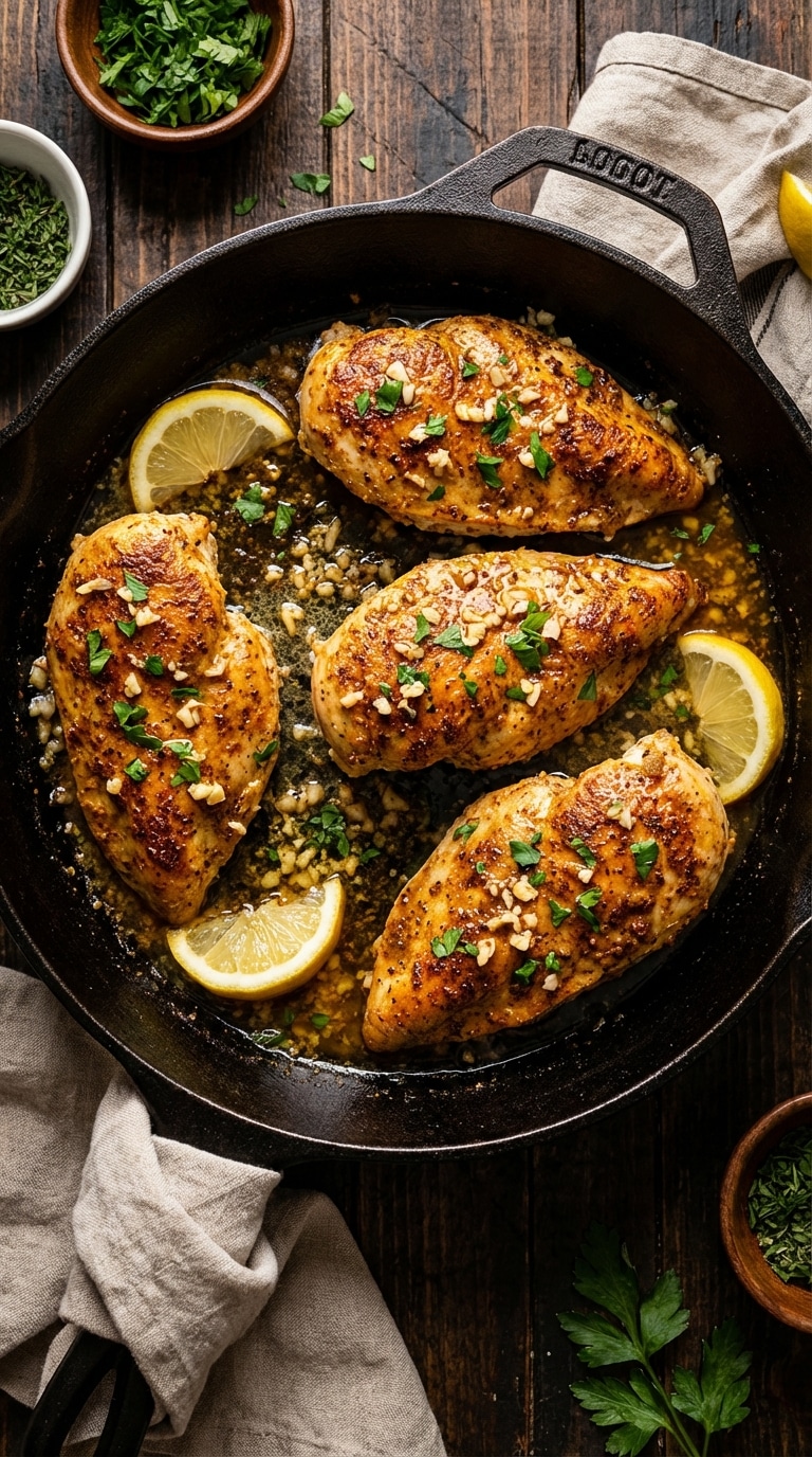 A cast iron skillet filled with four baked chicken breasts covered in a glossy garlic butter sauce with parsley and lemon wedges.