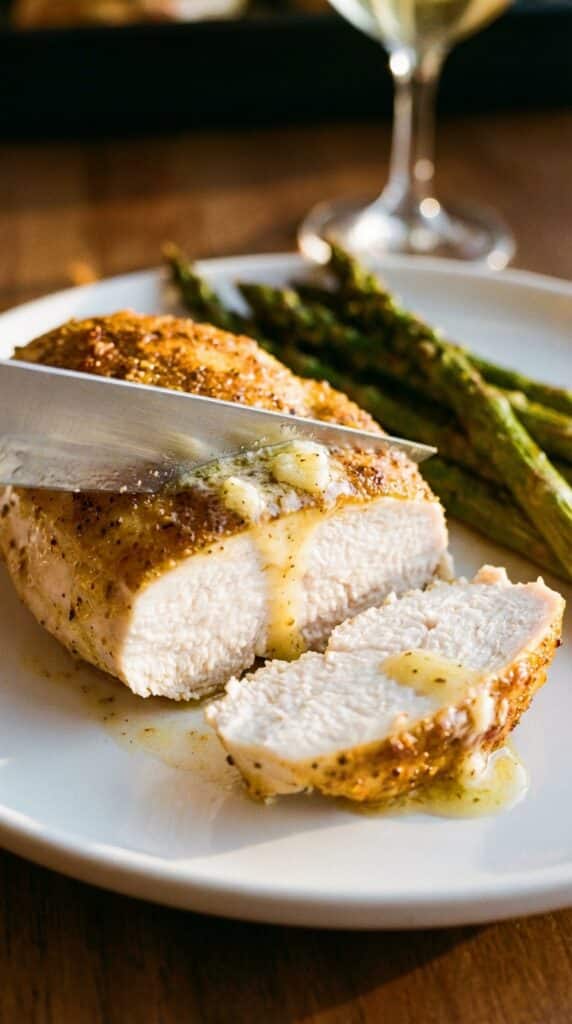 A close-up of a knife slicing into a juicy baked chicken breast, revealing the moist white interior, with garlic butter dripping down the side.