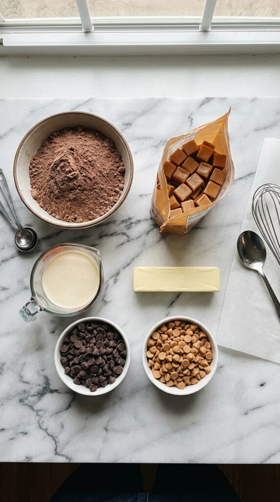 A flat lay showing dry chocolate cake mix, soft caramels, evaporated milk, butter, chocolate chips, and peanut butter chips on a marble board.