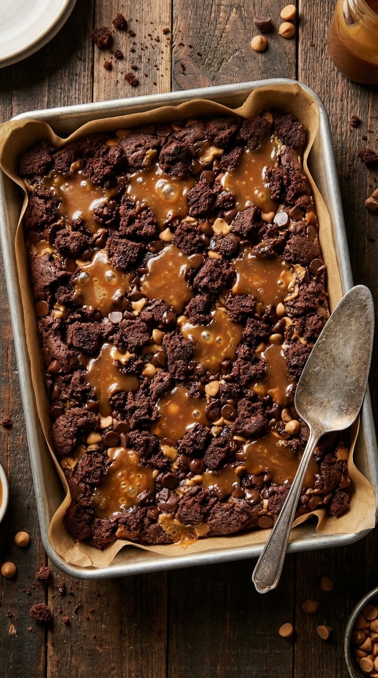 A baking pan filled with rich chocolate crumble bars featuring pools of melted caramel, chocolate chips, and peanut butter chips.