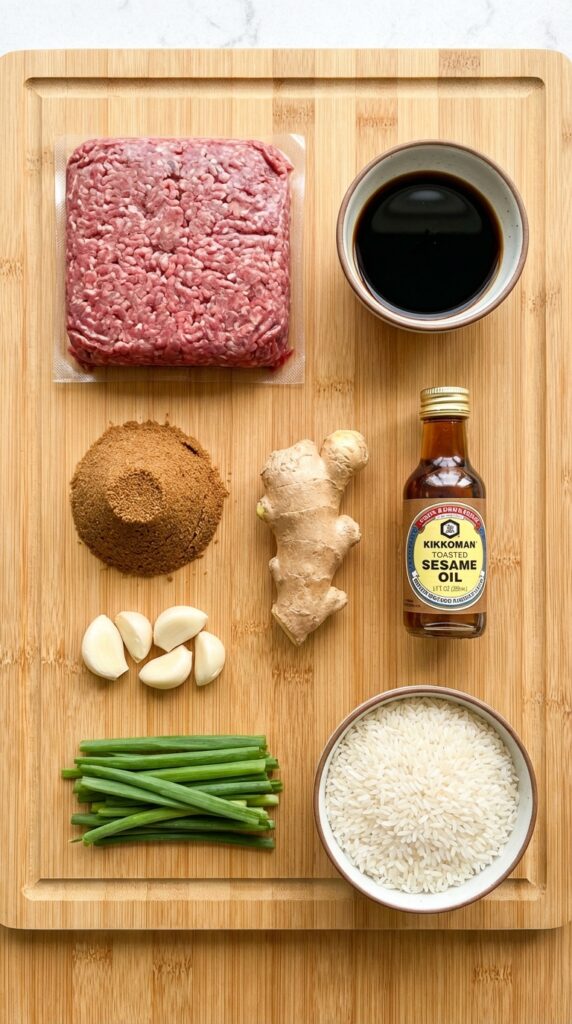 A flat lay showing ground beef, soy sauce, brown sugar, ginger, garlic, sesame oil, scallions, and rice on a bamboo board.