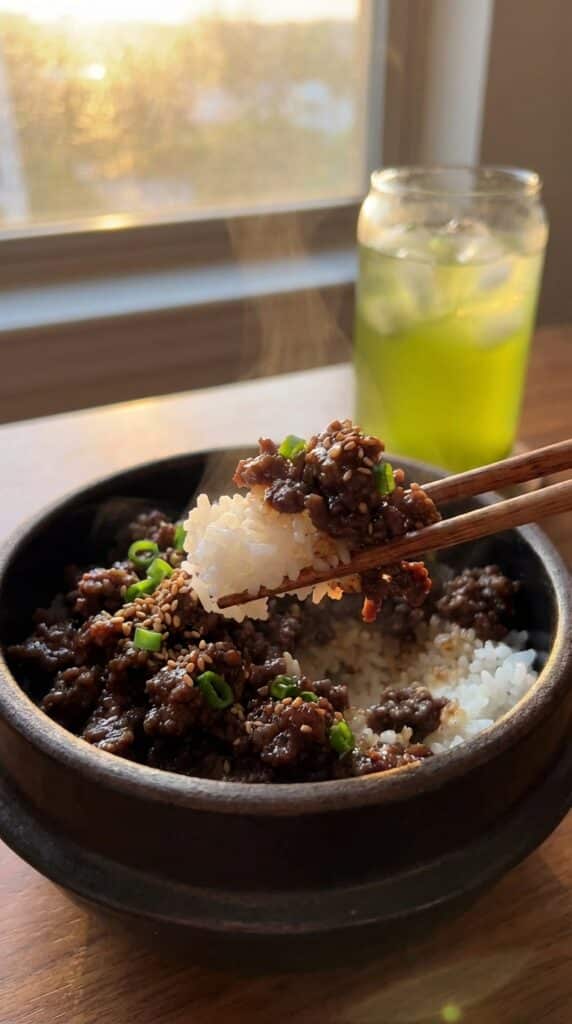 A close-up of chopsticks lifting a bite of glazed Korean ground beef and white rice from a bowl.