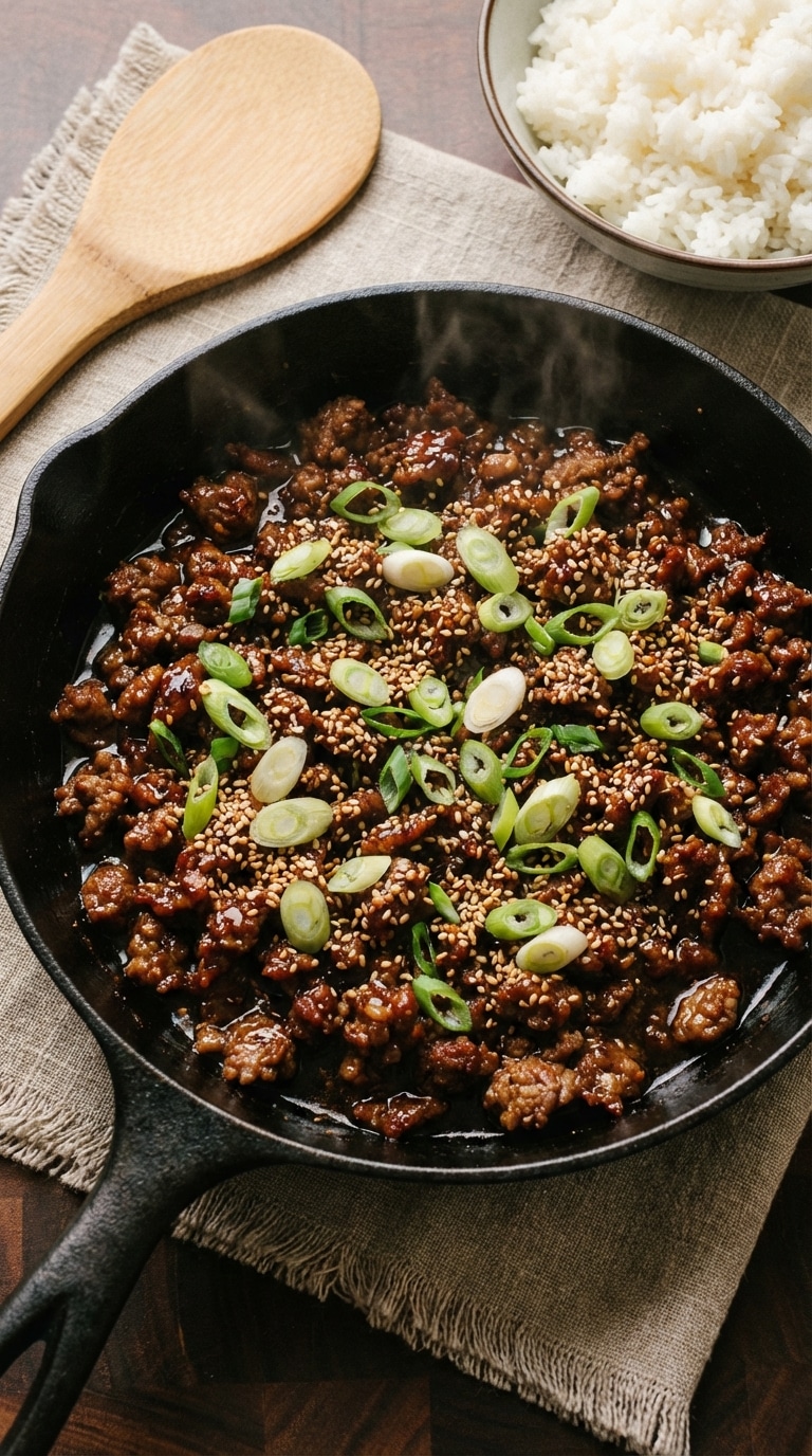 A top-down view inside a cast iron skillet filled with sticky, glossy Korean ground beef garnished with green onions and sesame seeds.