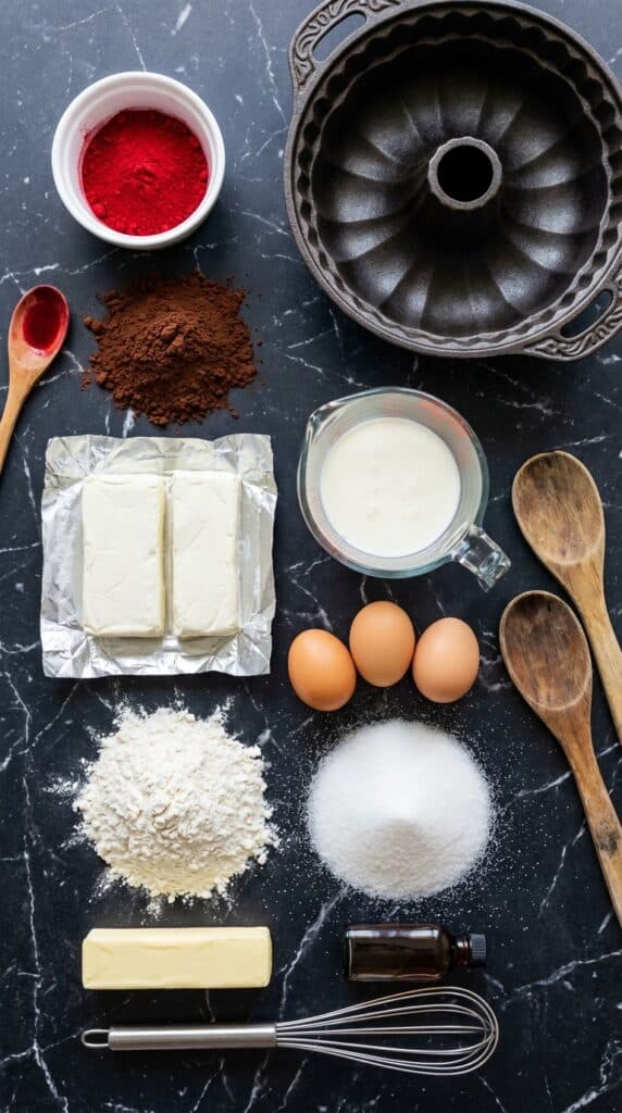 A flat lay showing red food coloring, cocoa powder, buttermilk, cream cheese, flour, eggs, and an empty bundt pan on a dark marble board.