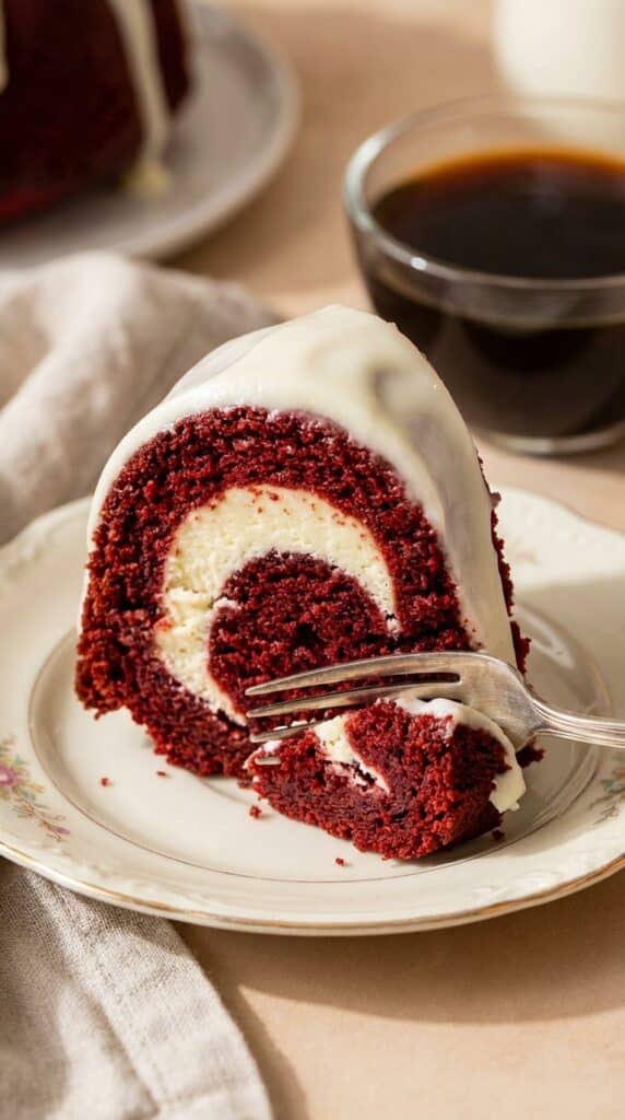 A close-up of a slice of red velvet bundt cake showing a thick white cheesecake ring baked into the center, with a fork taking a bite.