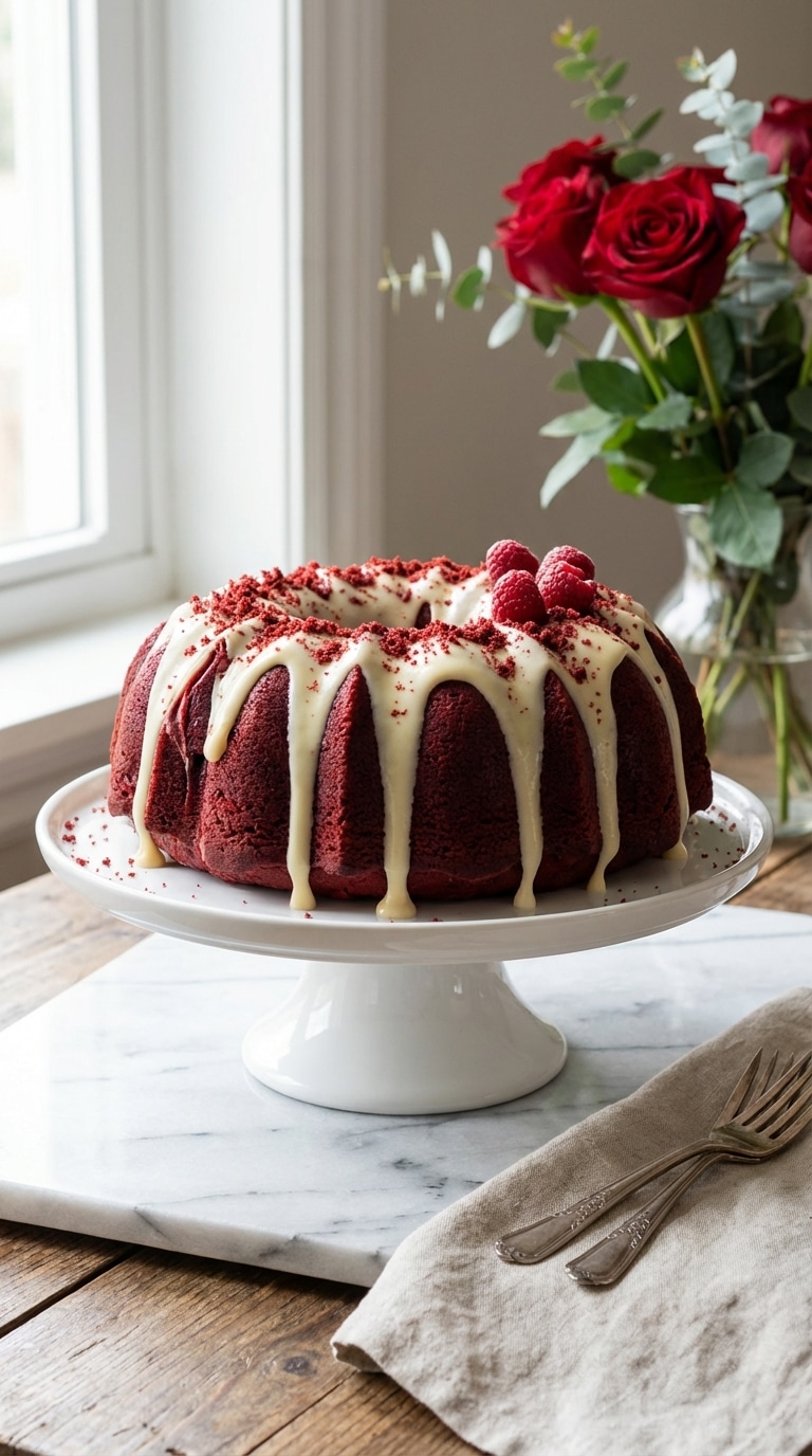 A whole red velvet bundt cake with thick white cream cheese icing dripping down the sides on a white cake stand.
