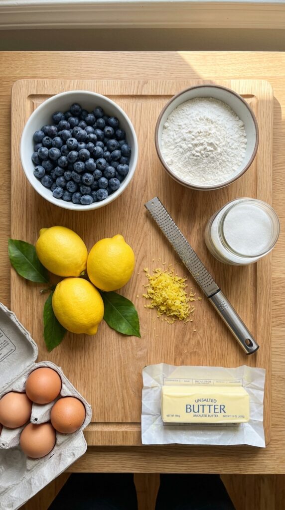 A flat lay showing fresh blueberries, lemons, a zester, flour, sugar, butter, and eggs on a wooden board.