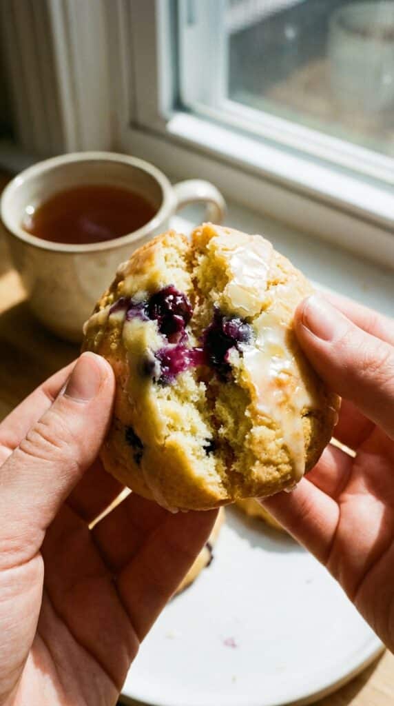 A close-up of hands pulling apart a glazed lemon blueberry cookie, revealing a soft center and a burst juicy blueberry.