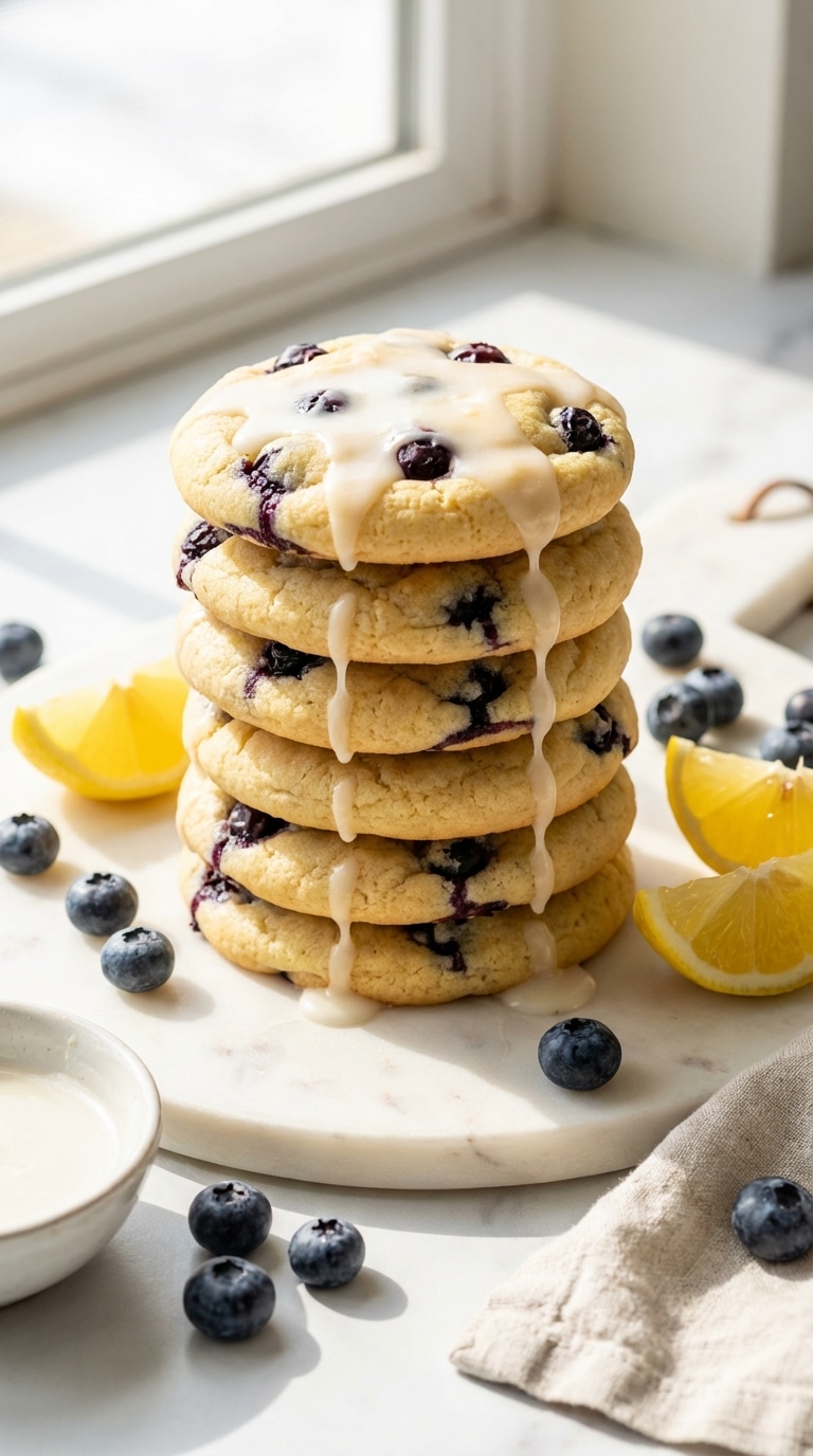 A stack of soft, glazed lemon blueberry cookies on a marble board, surrounded by fresh lemons and blueberries.