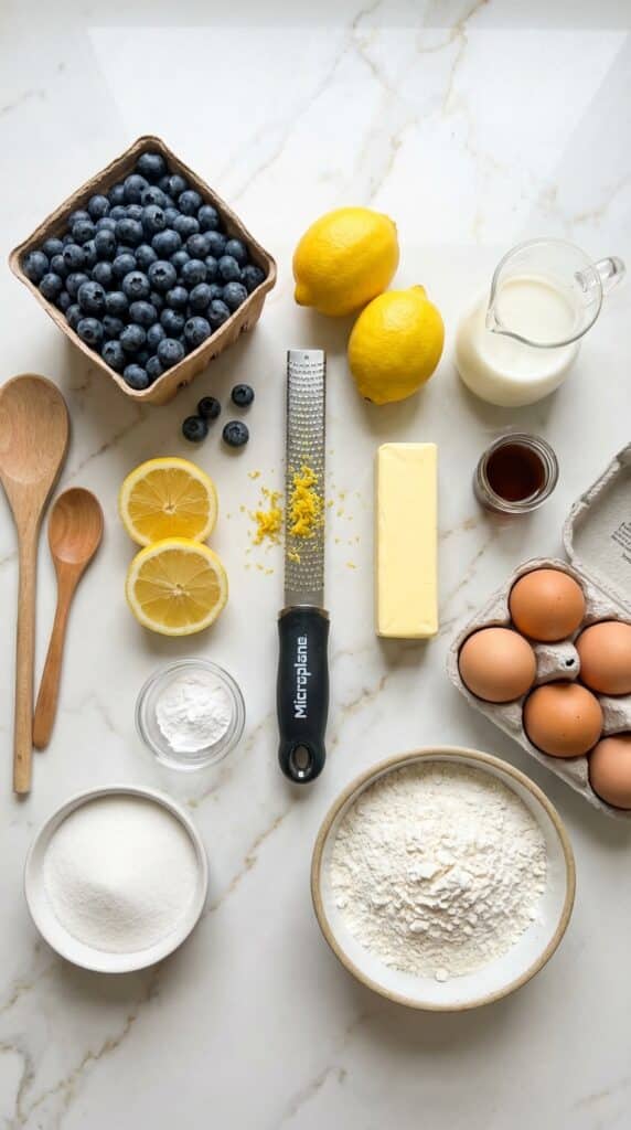 A flat lay view showing a basket of fresh blueberries, lemons, butter, eggs, milk, and flour on a light marble counter.