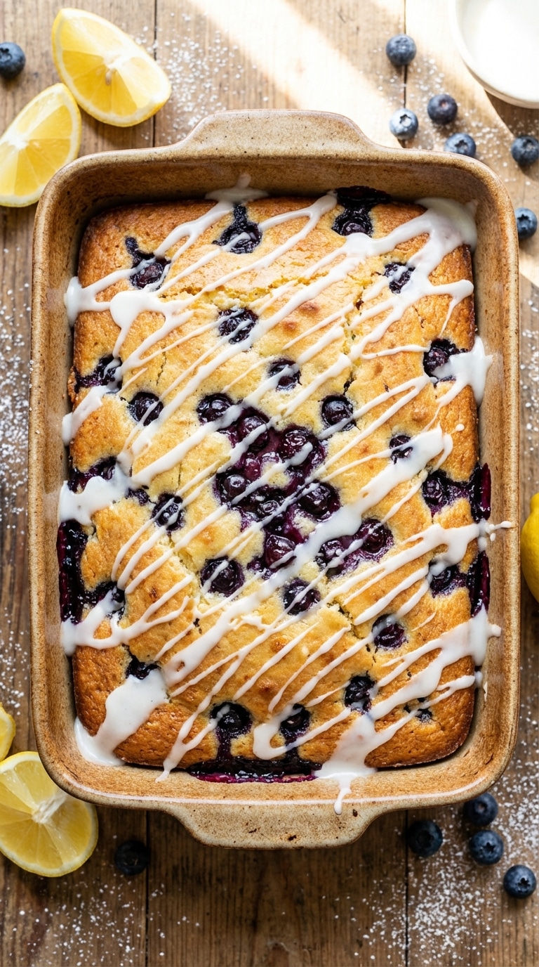 A top-down view of a baked blueberry cake in a ceramic pan, heavily drizzled with white lemon glaze, sitting on a wooden table.