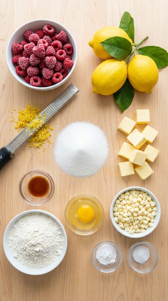 A flat lay showing lemons, lemon zest, frozen raspberries, white chocolate chips, butter, sugar, and flour on a wooden board.