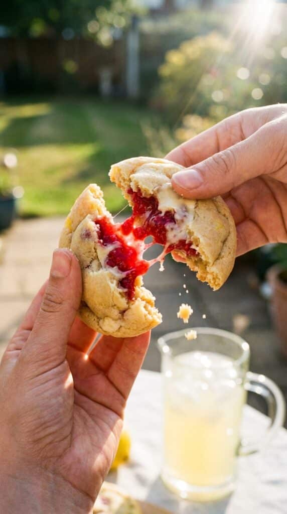 Two hands breaking a soft lemon raspberry cookie in half, showing a juicy red raspberry pocket and melted white chocolate inside.
