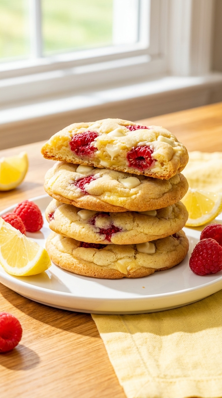 A stack of soft lemon cookies studded with red raspberries and white chocolate chips on a white plate with lemon wedges.