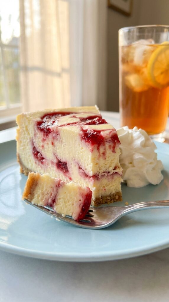 A close-up of a slice of lemon raspberry swirl cheesecake showing the red raspberry ribbons inside the yellow filling, with a fork on a pastel plate.