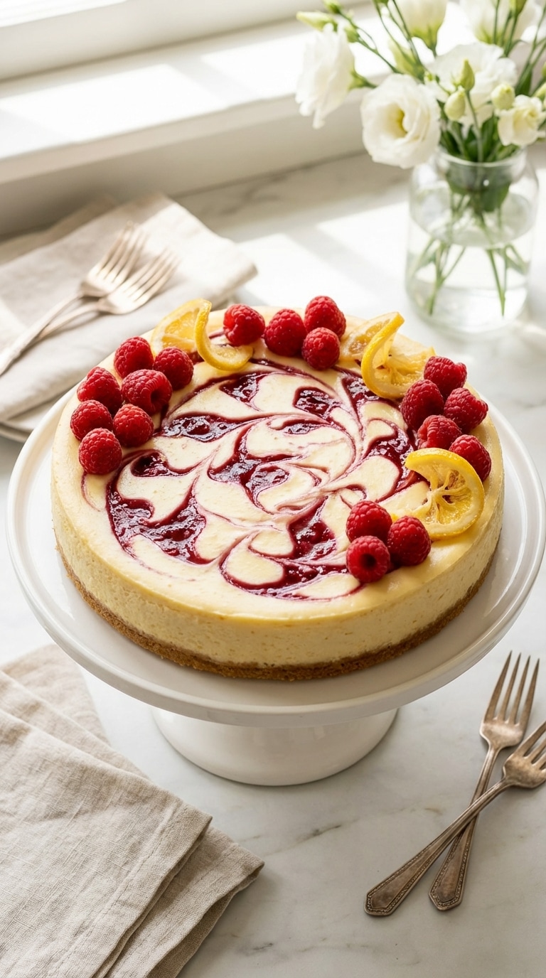 A whole lemon cheesecake with a golden graham cracker crust, featuring deep red raspberry swirls on top, garnished with fresh raspberries and lemon twists.