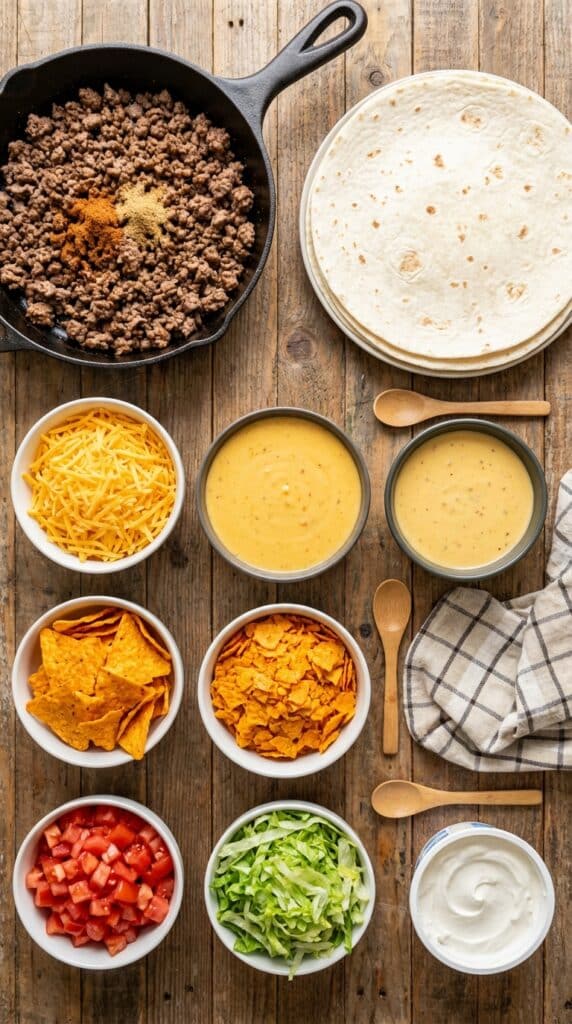 A flat lay showing ground beef, large flour tortillas, shredded cheese, queso, crushed chips, tomatoes, lettuce, and sour cream on a wooden board.