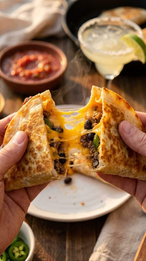 Hands pulling apart a hot, crispy pocket taco with a long string of melted cheese stretching between the halves.