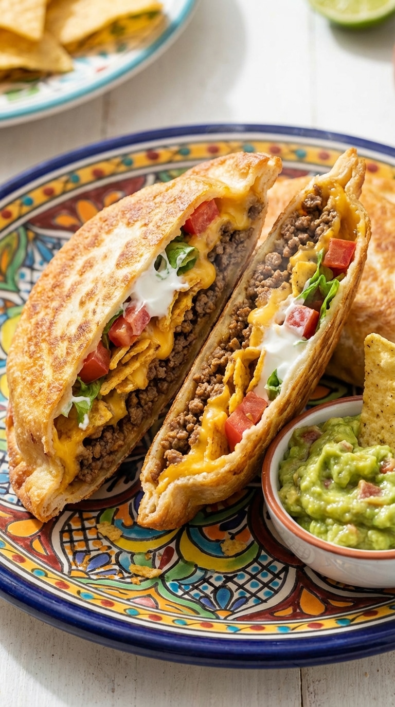 A crispy golden-brown pocket taco cut in half, showing layers of seasoned beef, melted cheese, sour cream, chips, and fresh veggies.