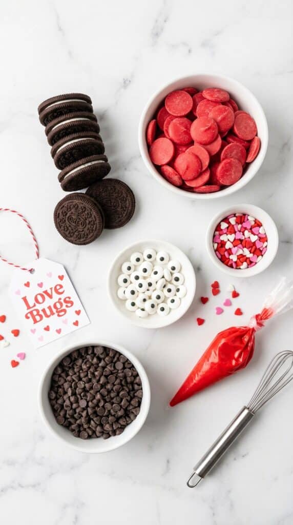 A flat lay showing chocolate sandwich cookies, red candy melts, candy eyeballs, chocolate chips, and a piping bag on a marble board.