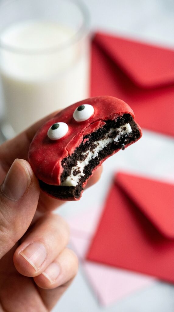 A close-up of a hand holding a decorated love bug Oreo cookie with a bite taken out, showing the chocolate cookie and cream inside.