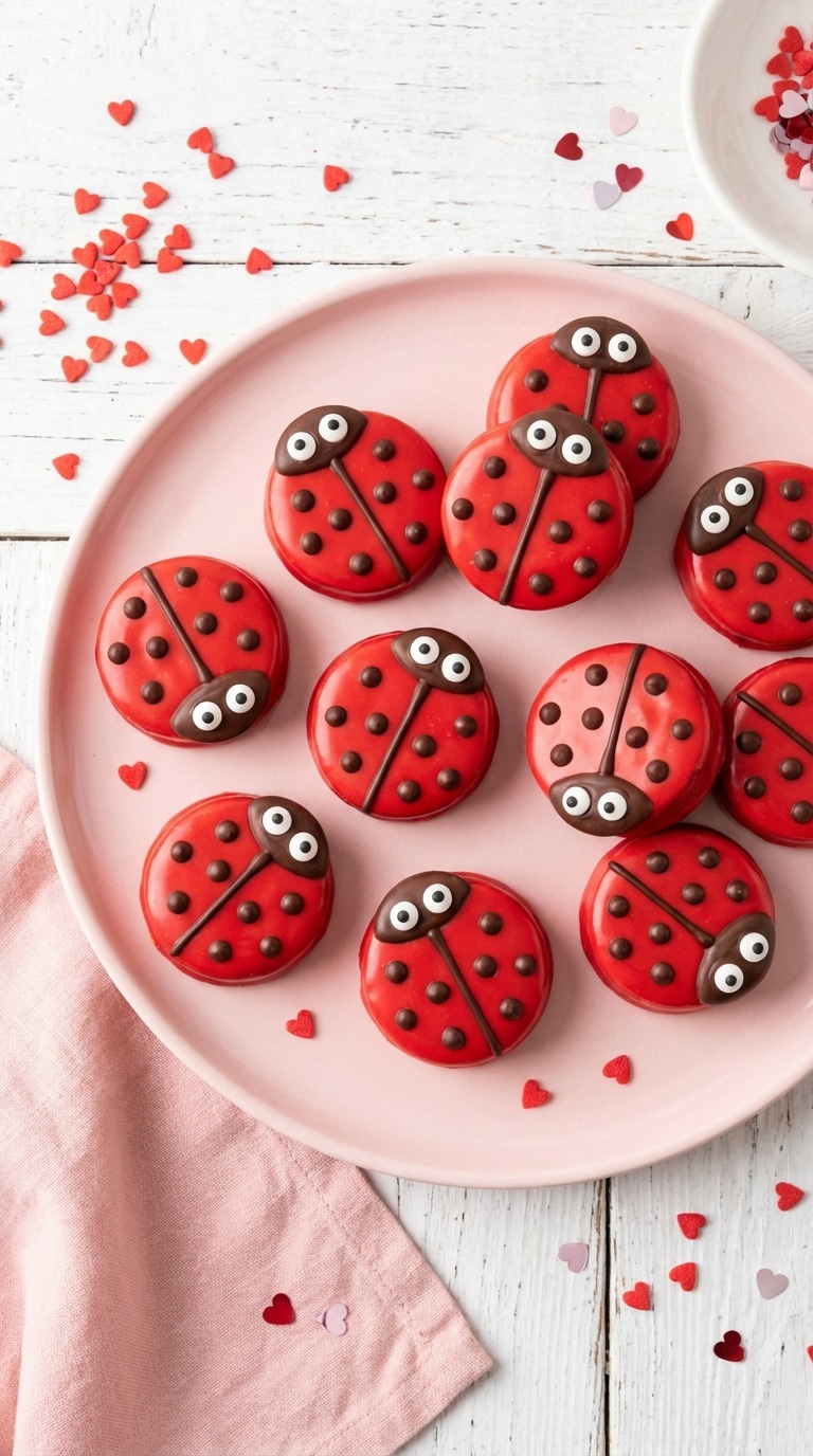 A top-down view of Oreo cookies coated in red candy melts and decorated with chocolate and candy eyes to look like cute ladybugs, on a pink plate.