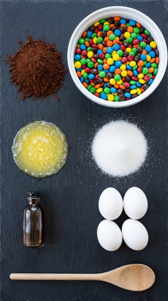 A flat lay showing a bowl of colorful M&M candies, dark cocoa powder, melted butter, sugar, eggs, and vanilla on a dark slate board.