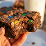 A close-up of a hand holding a thick fudgy brownie with colorful M&Ms and a bite taken out, with a glass of milk in the background.