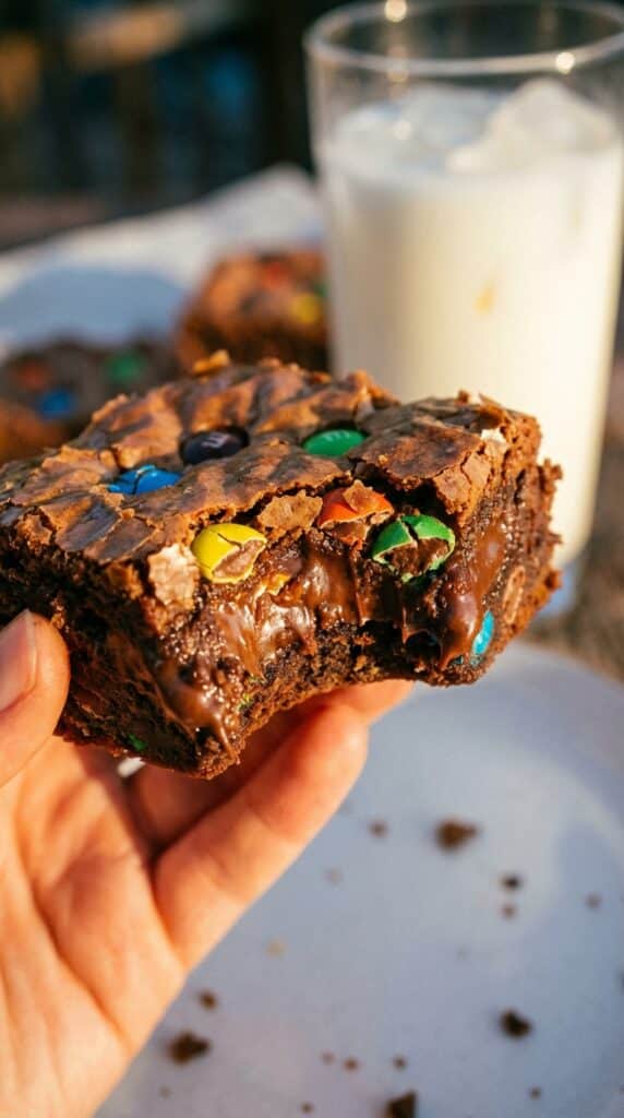 A close-up of a hand holding a thick fudgy brownie with colorful M&Ms and a bite taken out, with a glass of milk in the background.