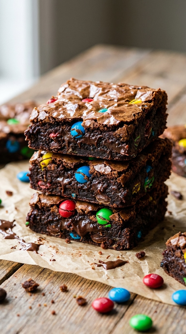A stack of three thick, fudgy chocolate brownies loaded with colorful M&M candies, sitting on parchment paper.