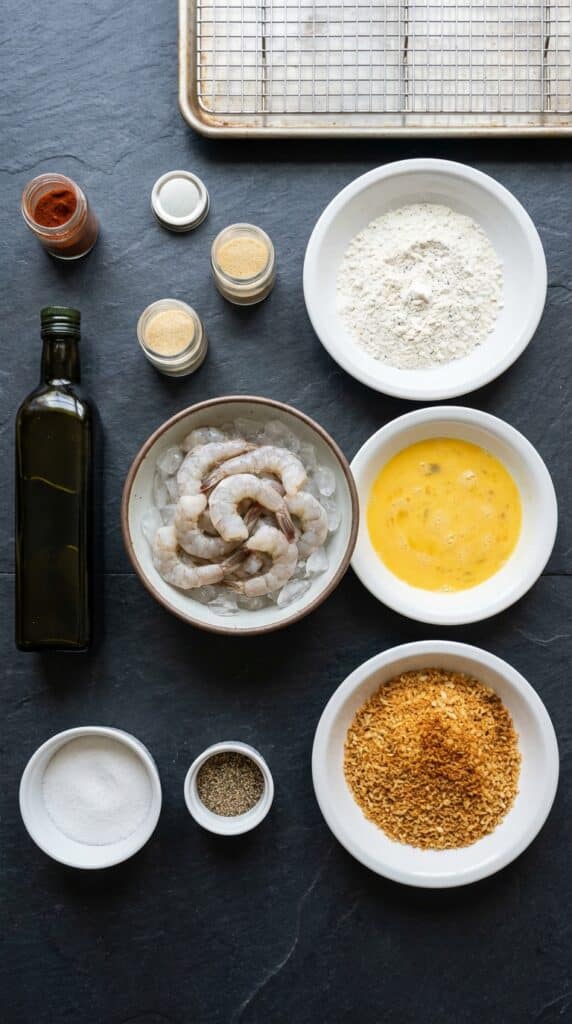 A flat lay showing raw shrimp on ice next to a breading station of flour, whisked eggs, and golden-toasted Panko breadcrumbs.