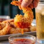 A close-up of a hand holding a crispy baked shrimp by the tail, dipping it into a bowl of sweet chili sauce.