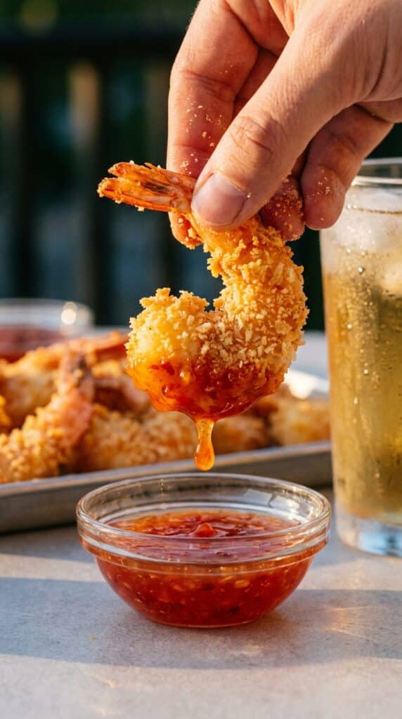 A close-up of a hand holding a crispy baked shrimp by the tail, dipping it into a bowl of sweet chili sauce.
