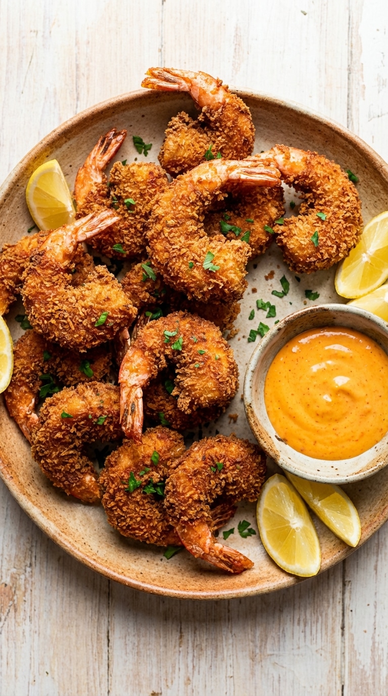 A ceramic platter filled with golden, crispy baked shrimp, garnished with lemon wedges and a side of spicy mayo dipping sauce.
