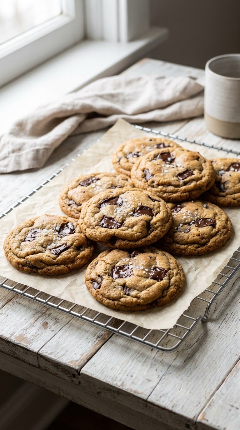 A close-up view of multiple freshly baked, thick chocolate chunk cookies resting on a cooling rack over a wooden table.
