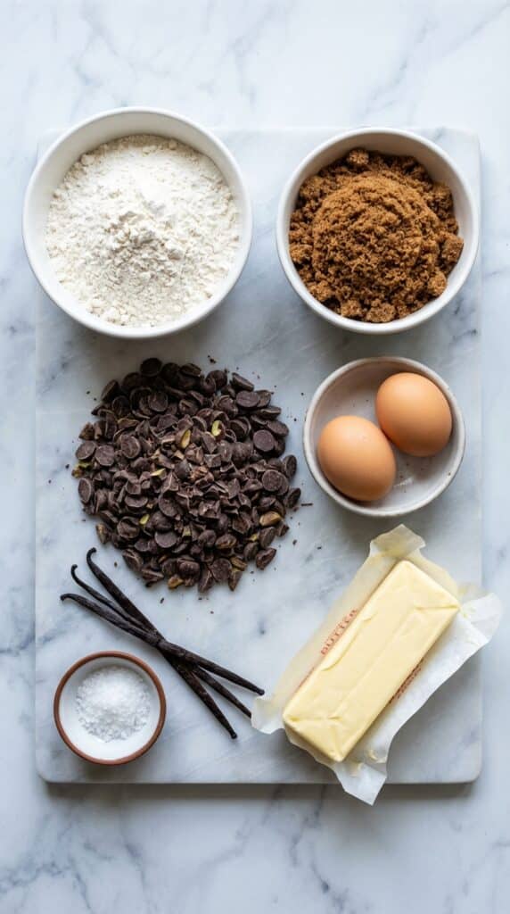 A flat lay view of cookie ingredients including dark chocolate chunks, flour, brown sugar, eggs, butter, and flaky sea salt on a marble counter.